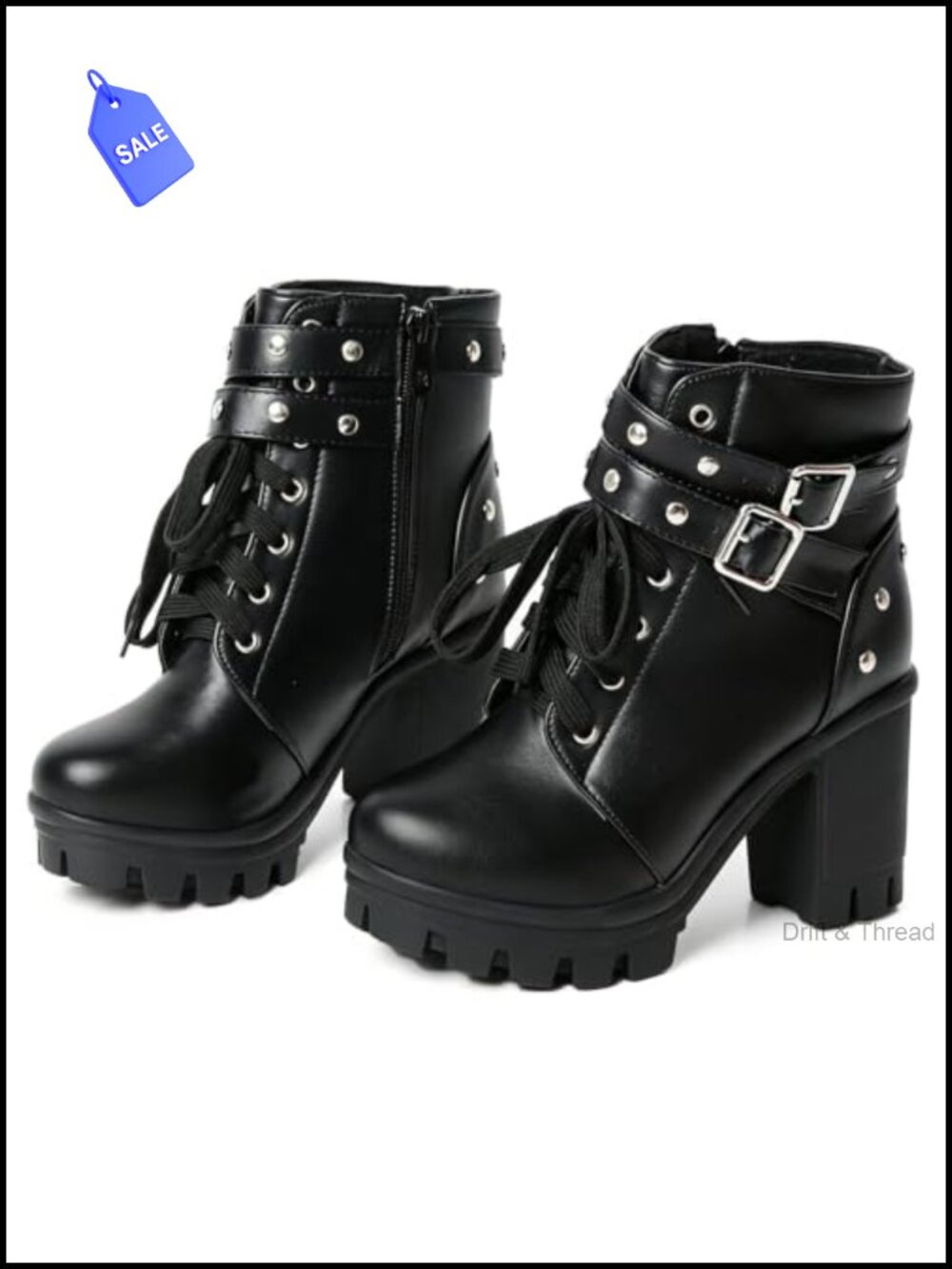 Chunky Heel Goth Boots With Buckle Rivets PU Leather